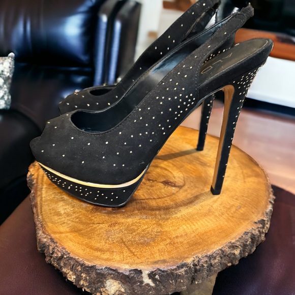 Aldo black heels with gold trim and sparkly embellishments - Picture 3 of 11